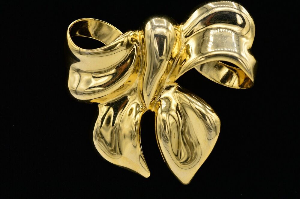 Vintage Bow Pin Brooch Big Ribbon Big Chunky Gold Shiny Metallic 1980s BinJ